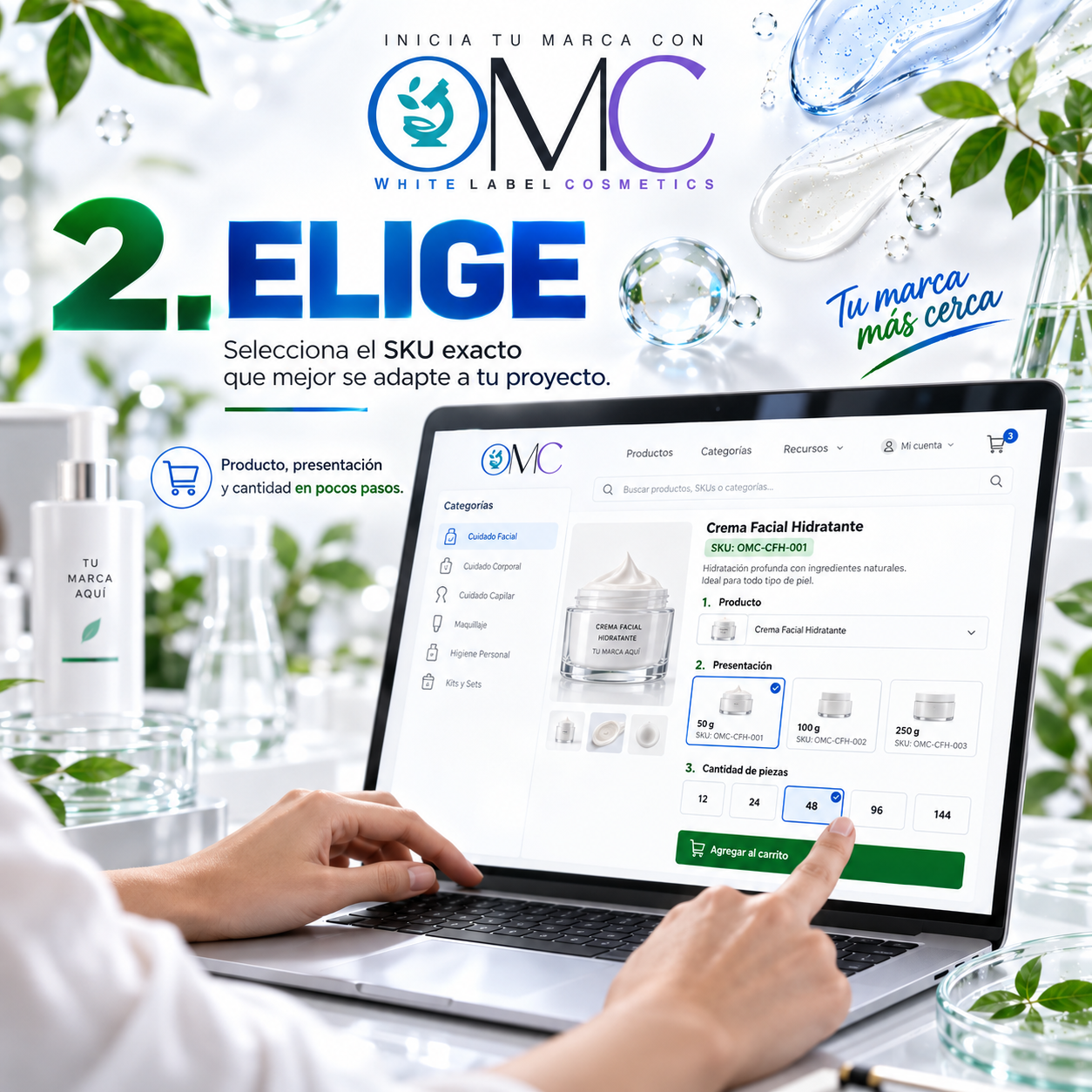 Elige producto SKU presentación y opciones en el catálogo White Label