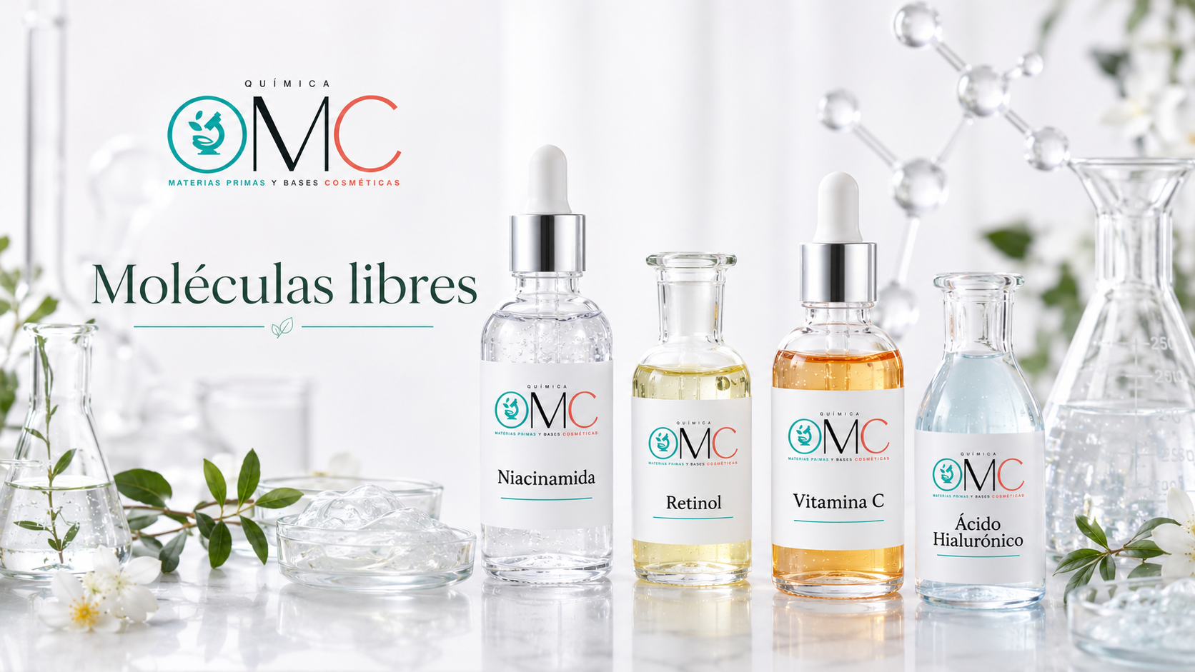 Moléculas libres Química OMC: niacinamida, retinol, vitamina C y ácido hialurónico