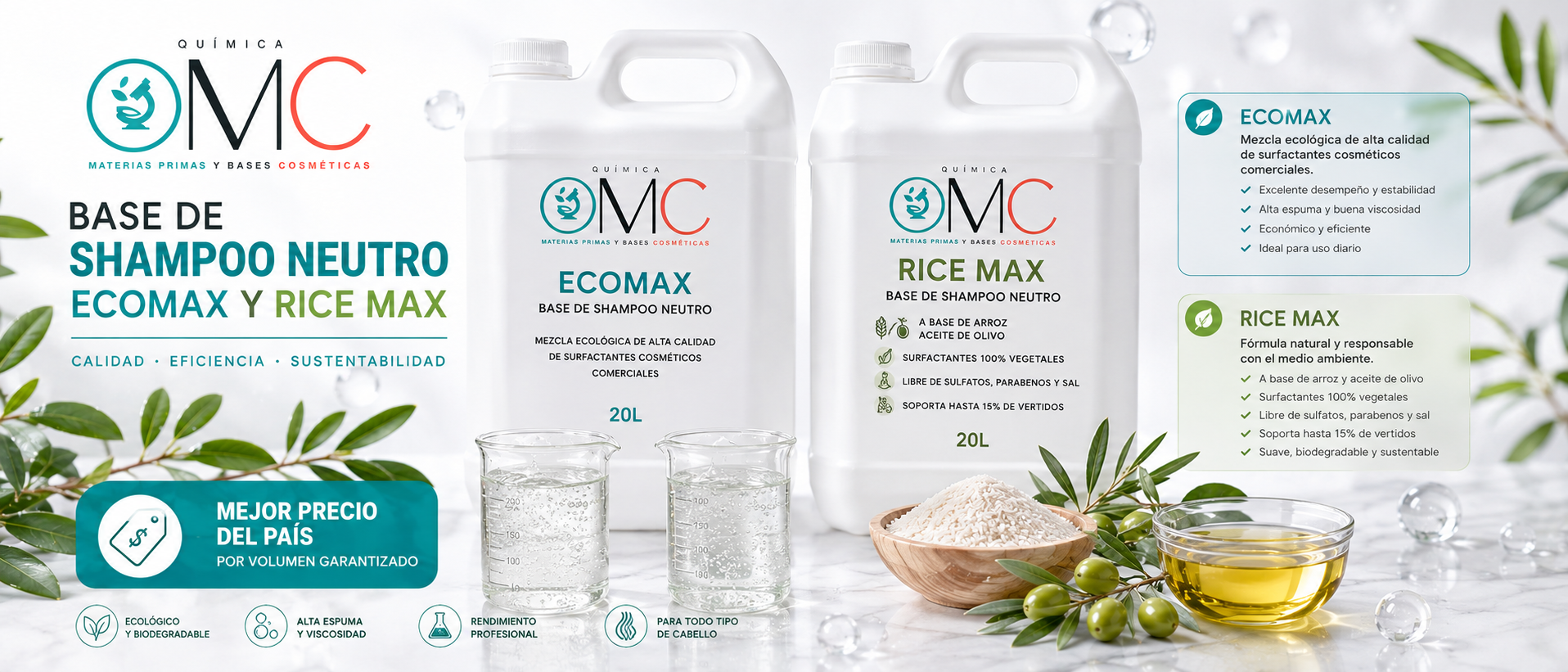 Bases de shampoo neutro Eco Max y Rice Max Química OMC