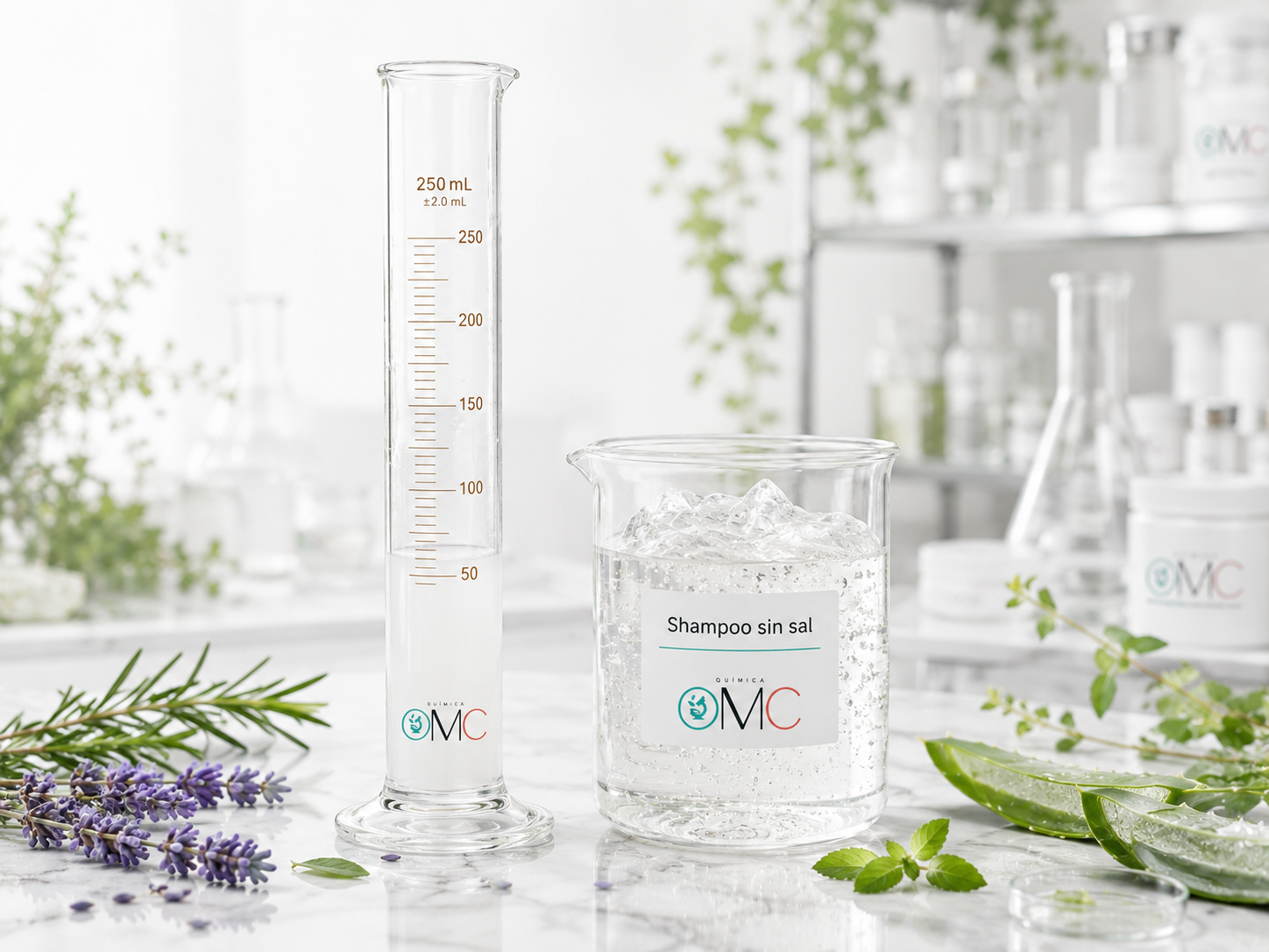 Surf Rice Química OMC: probeta de 250 mililitros y vaso de precipitados con shampoo sin sal