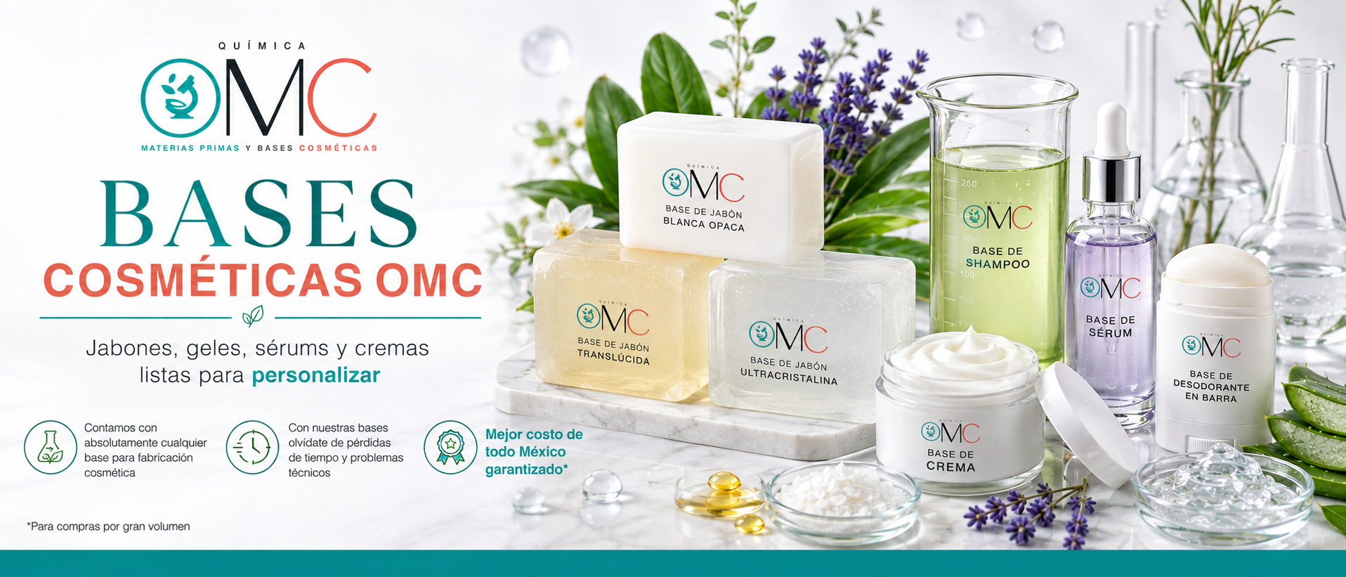 Bases cosméticas OMC: jabones, geles, sérums y cremas listas para personalizar
