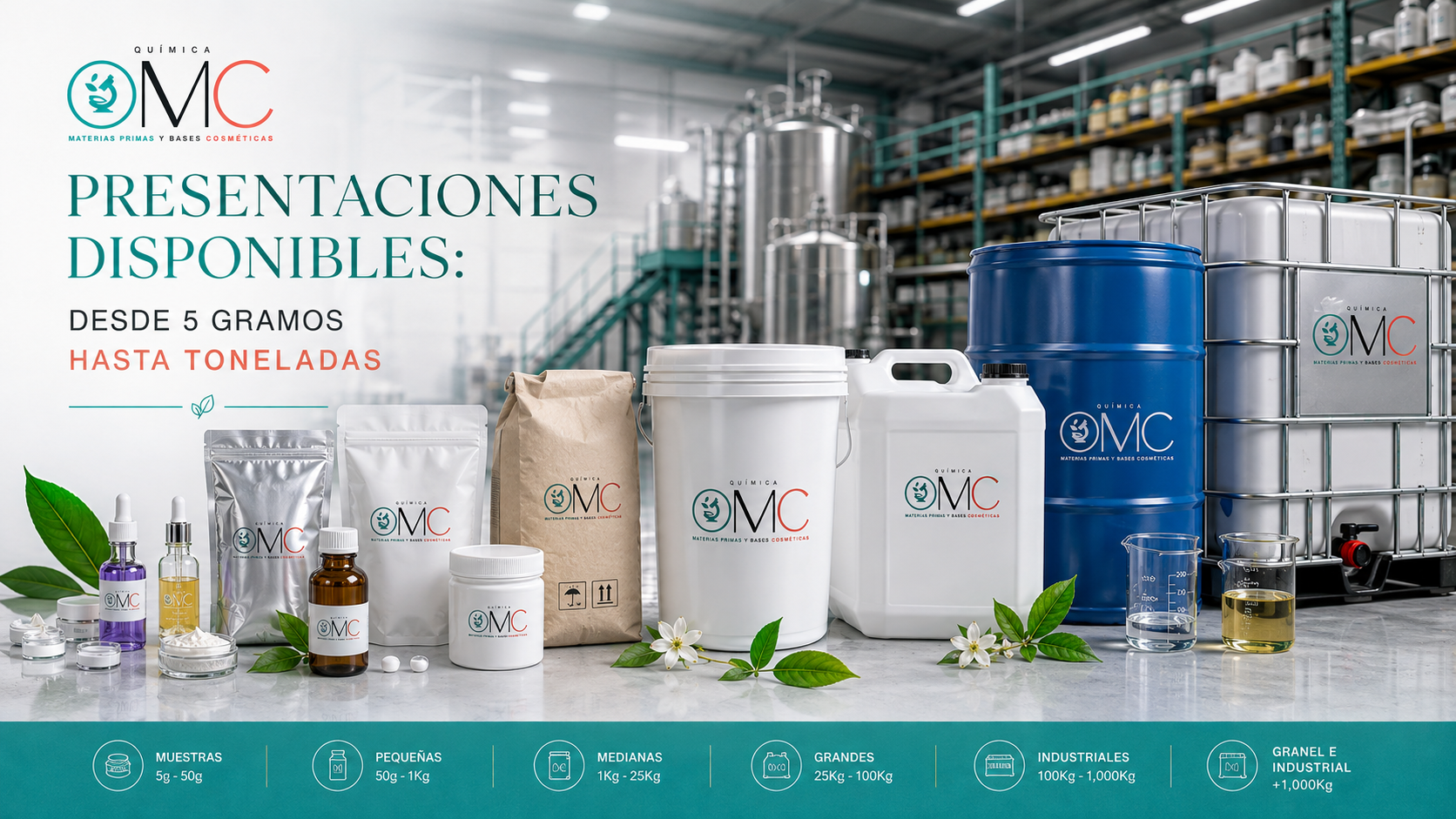 Presentaciones Química OMC desde 5 gramos hasta toneladas